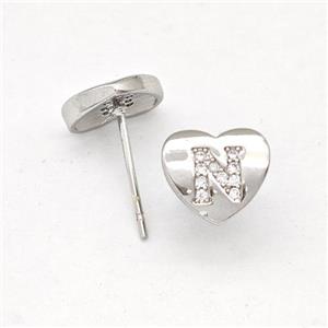 Copper Heart Stud Earring Pave Zirconia Letter-N Platinum Plated, approx 8-9mm [FN43870]