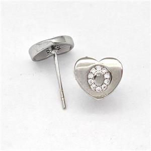 Copper Heart Stud Earring Pave Zirconia Letter-O Platinum Plated, approx 8-9mm [FN43871]