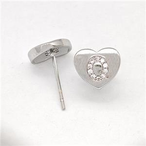 Copper Heart Stud Earring Pave Zirconia Letter-Q Platinum Plated, approx 8-9mm [FN43873]