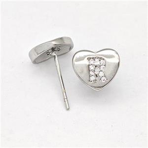 Copper Heart Stud Earring Pave Zirconia Letter-R Platinum Plated, approx 8-9mm [FN43874]