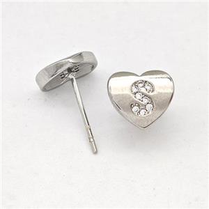 Copper Heart Stud Earring Pave Zirconia Letter-S Platinum Plated, approx 8-9mm [FN43875]