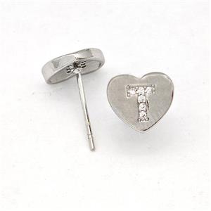 Copper Heart Stud Earring Pave Zirconia Letter-T Platinum Plated, approx 8-9mm [FN43876]