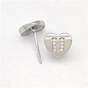 Copper Heart Stud Earring Pave Zirconia Letter-U Platinum Plated, approx 8-9mm [FN43877]