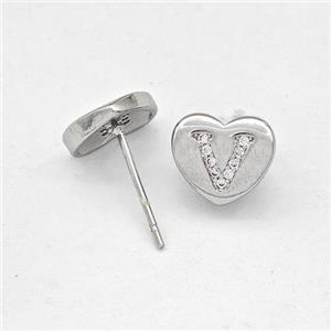 Copper Heart Stud Earring Pave Zirconia Letter-V Platinum Plated, approx 8-9mm [FN43878]