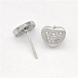 Copper Heart Stud Earring Pave Zirconia Letter-W Platinum Plated, approx 8-9mm [FN43879]