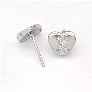 Copper Heart Stud Earring Pave Zirconia Letter-X Platinum Plated, approx 8-9mm [FN43880]