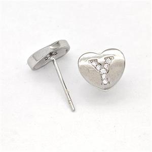 Copper Heart Stud Earring Pave Zirconia Letter-Y Platinum Plated, approx 8-9mm [FN43881]