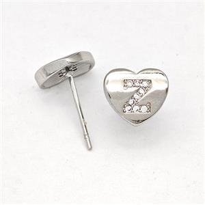 Copper Heart Stud Earring Pave Zirconia Letter-Z Platinum Plated, approx 8-9mm [FN43882]