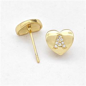 Copper Heart Stud Earring Pave Zirconia Letter-A Gold Plated, approx 8-9mm [FN43883]