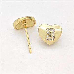 Copper Heart Stud Earring Pave Zirconia Letter-B Gold Plated, approx 8-9mm [FN43884]