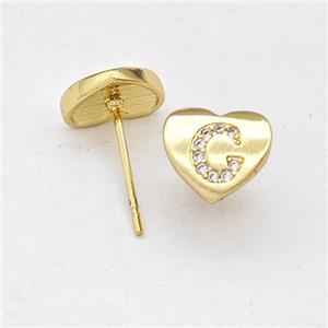 Copper Heart Stud Earring Pave Zirconia Letter-C Gold Plated, approx 8-9mm [FN43885]