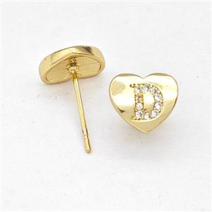 Copper Heart Stud Earring Pave Zirconia Letter-D Gold Plated, approx 8-9mm [FN43886]