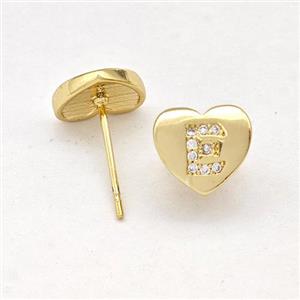 Copper Heart Stud Earring Pave Zirconia Letter-E Gold Plated, approx 8-9mm [FN43887]