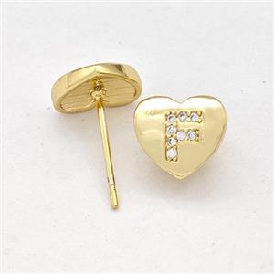 Copper Heart Stud Earring Pave Zirconia Letter-F Gold Plated, approx 8-9mm [FN43888]