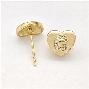 Copper Heart Stud Earring Pave Zirconia Letter-G Gold Plated, approx 8-9mm [FN43889]