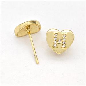 Copper Heart Stud Earring Pave Zirconia Letter-H Gold Plated, approx 8-9mm [FN43890]