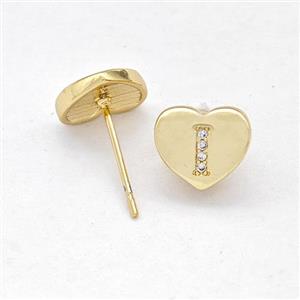 Copper Heart Stud Earring Pave Zirconia Letter-I Gold Plated, approx 8-9mm [FN43891]