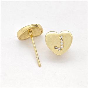 Copper Heart Stud Earring Pave Zirconia Letter-J Gold Plated, approx 8-9mm [FN43892]