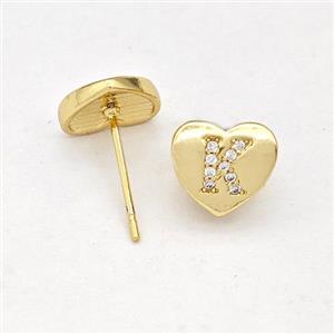Copper Heart Stud Earring Pave Zirconia Letter-K Gold Plated, approx 8-9mm [FN43893]