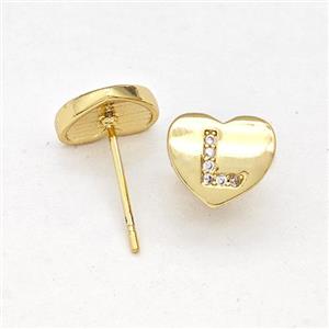 Copper Heart Stud Earring Pave Zirconia Letter-L Gold Plated, approx 8-9mm [FN43894]