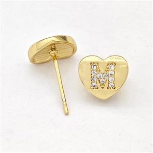 Copper Heart Stud Earring Pave Zirconia Letter-M Gold Plated, approx 8-9mm [FN43895]