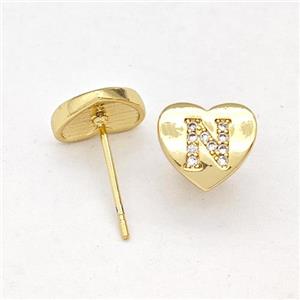 Copper Heart Stud Earring Pave Zirconia Letter-N Gold Plated, approx 8-9mm [FN43896]