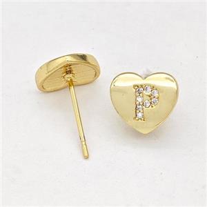 Copper Heart Stud Earring Pave Zirconia Letter-P Gold Plated, approx 8-9mm [FN43898]