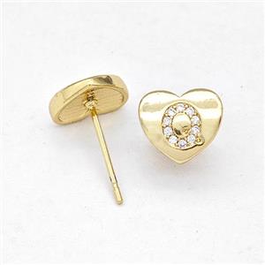 Copper Heart Stud Earring Pave Zirconia Letter-Q Gold Plated, approx 8-9mm [FN43899]