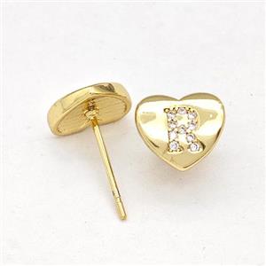 Copper Heart Stud Earring Pave Zirconia Letter-R Gold Plated, approx 8-9mm [FN43900]
