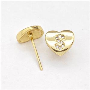 Copper Heart Stud Earring Pave Zirconia Letter-S Gold Plated, approx 8-9mm [FN43901]