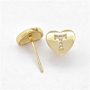 Copper Heart Stud Earring Pave Zirconia Letter-T Gold Plated, approx 8-9mm [FN43902]