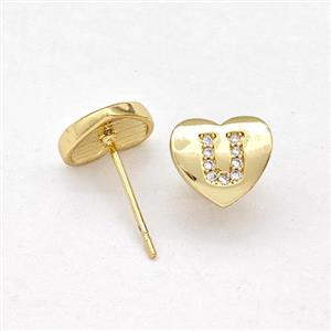 Copper Heart Stud Earring Pave Zirconia Letter-U Gold Plated, approx 8-9mm [FN43903]