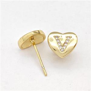Copper Heart Stud Earring Pave Zirconia Letter-V Gold Plated, approx 8-9mm [FN43904]
