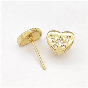 Copper Heart Stud Earring Pave Zirconia Letter-W Gold Plated, approx 8-9mm [FN43905]