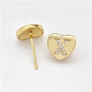 Copper Heart Stud Earring Pave Zirconia Letter-X Gold Plated, approx 8-9mm [FN43906]