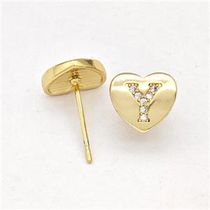 Copper Heart Stud Earring Pave Zirconia Letter-Y Gold Plated, approx 8-9mm [FN43907]