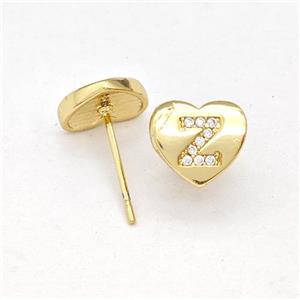 Copper Heart Stud Earring Pave Zirconia Letter-Z Alphabet Gold Plated, approx 8-9mm [FN43908]