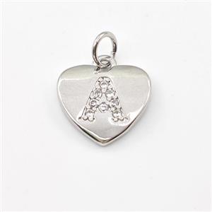 Copper Heart Pendant Pave Zirconia Letter-A Platinum Plated, approx 12mm [FN43990]