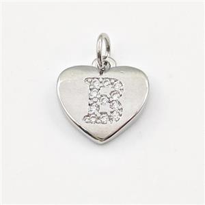 Copper Heart Pendant Pave Zirconia Letter-B Platinum Plated, approx 12mm [FN43991]