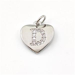 Copper Heart Pendant Pave Zirconia Letter-D Platinum Plated, approx 12mm [FN43993]