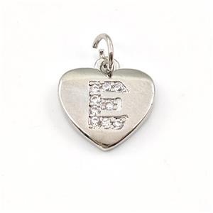 Copper Heart Pendant Pave Zirconia Letter-E Platinum Plated, approx 12mm [FN43994]