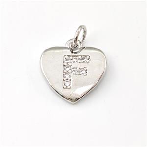 Copper Heart Pendant Pave Zirconia Letter-F Platinum Plated, approx 12mm [FN43995]