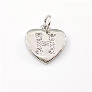 Copper Heart Pendant Pave Zirconia Letter-H Platinum Plated, approx 12mm [FN43997]