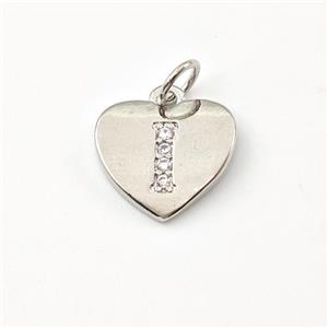Copper Heart Pendant Pave Zirconia Letter-I Platinum Plated, approx 12mm [FN43998]
