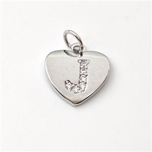 Copper Heart Pendant Pave Zirconia Letter-J Platinum Plated, approx 12mm [FN43999]