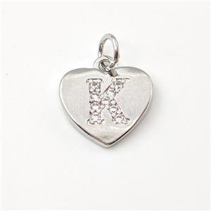 Copper Heart Pendant Pave Zirconia Letter-K Platinum Plated, approx 12mm [FN44000]