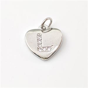 Copper Heart Pendant Pave Zirconia Letter-L Platinum Plated, approx 12mm [FN44001]