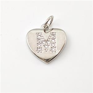 Copper Heart Pendant Pave Zirconia Letter-M Platinum Plated, approx 12mm [FN44002]