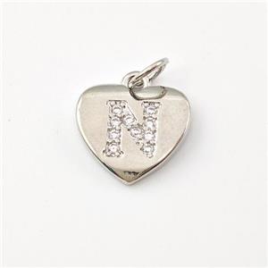 Copper Heart Pendant Pave Zirconia Letter-N Platinum Plated, approx 12mm [FN44003]