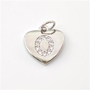 Copper Heart Pendant Pave Zirconia Letter-O Platinum Plated, approx 12mm [FN44004]